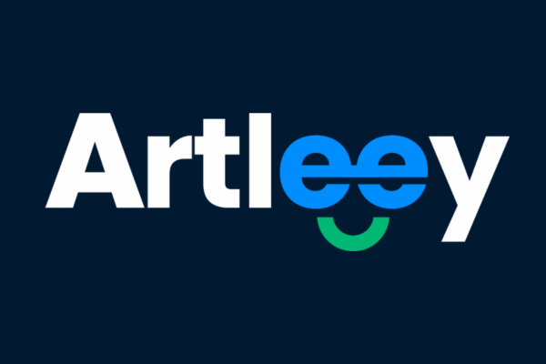 Logo with the text "Artleey" on a dark blue background. The two 'e's are interlinked, forming a stylized smiley face using blue for the upper portion and green for the lower. OCIDM,io Branding and Digital marketing Hamilton, Toronto, Oakville, Mississauga