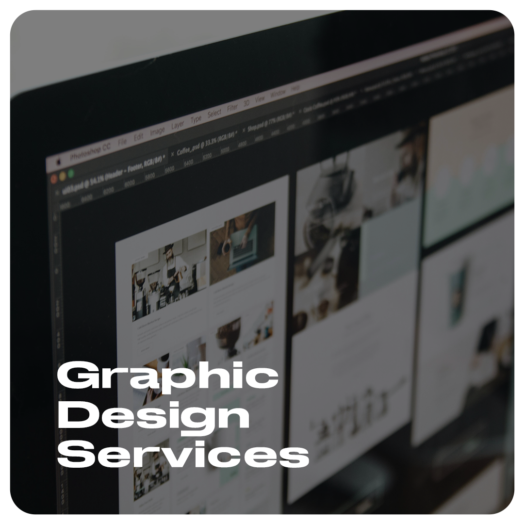 A computer screen displays a graphic design software interface with multiple design layouts. The text "Graphic Design Services" is written on the bottom left corner. OCIDM,io Branding and Digital marketing Hamilton, Toronto, Oakville, Mississauga