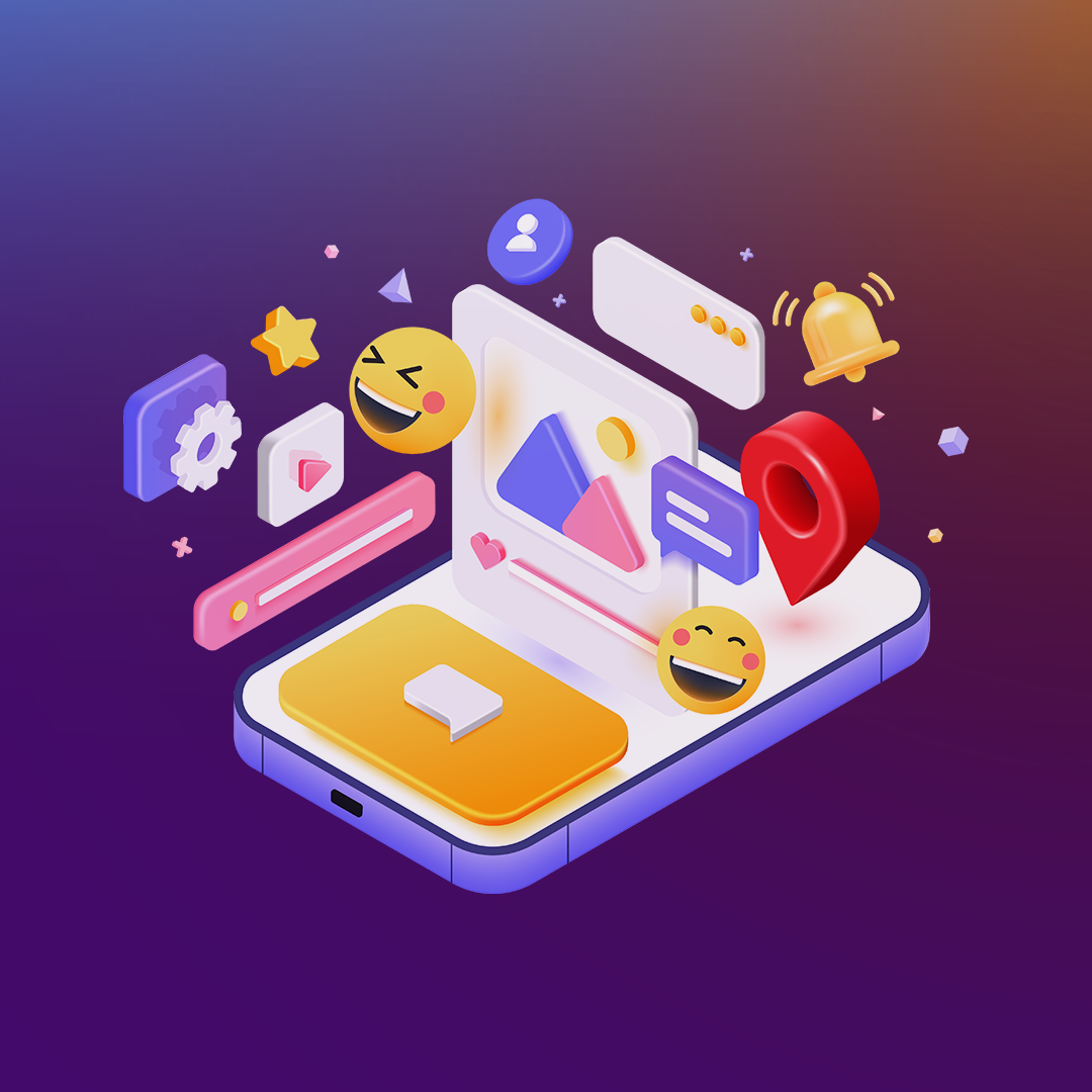 An illustration of a smartphone with various 3D icons surrounding it, including emojis, a gear, a location pin, a bell, and a photo frame. The background is a gradient of purple and orange. OCIDM,io Branding and Digital marketing Hamilton, Toronto, Oakville, Mississauga