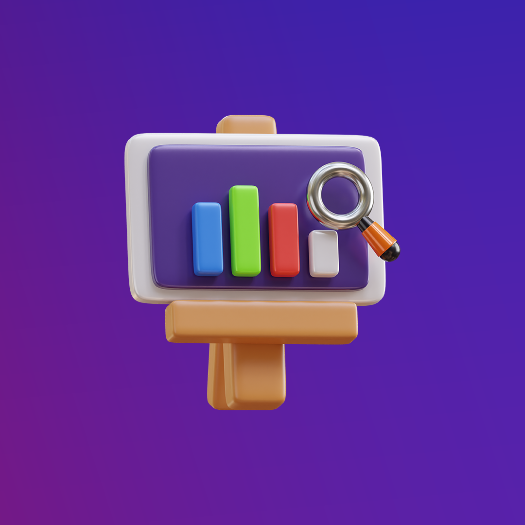 A 3D illustration of a presentation board showing a bar graph with magnifying glass, set against a gradient purple background. OCIDM,io Branding and Digital marketing Hamilton, Toronto, Oakville, Mississauga