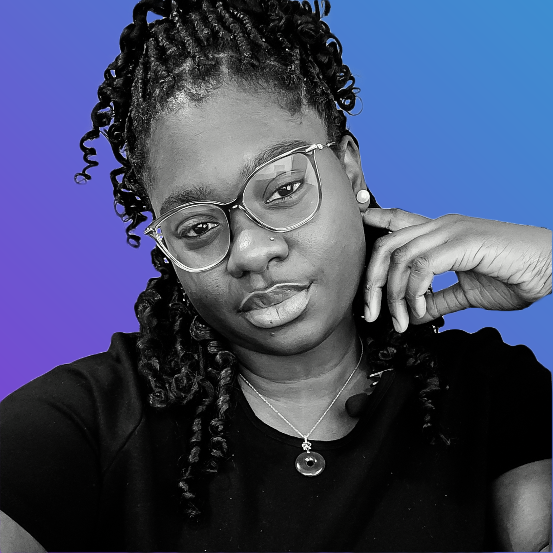 A person with glasses and curly hair wears a black top, posing with their hand by their face. The background is a gradient of blue and purple. OCIDM,io Branding and Digital marketing Hamilton, Toronto, Oakville, Mississauga