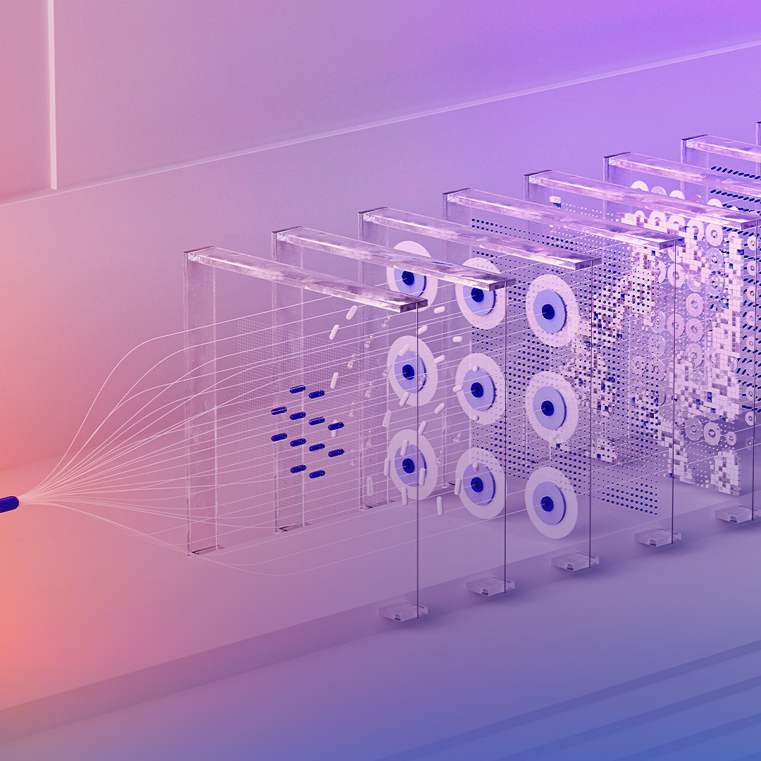 Abstract 3D illustration featuring a progression from simple blue lines to complex, circular patterns within transparent layered panels, depicting a conceptual data flow or processing sequence. OCIDM,io Branding and Digital marketing Hamilton, Toronto, Oakville, Mississauga