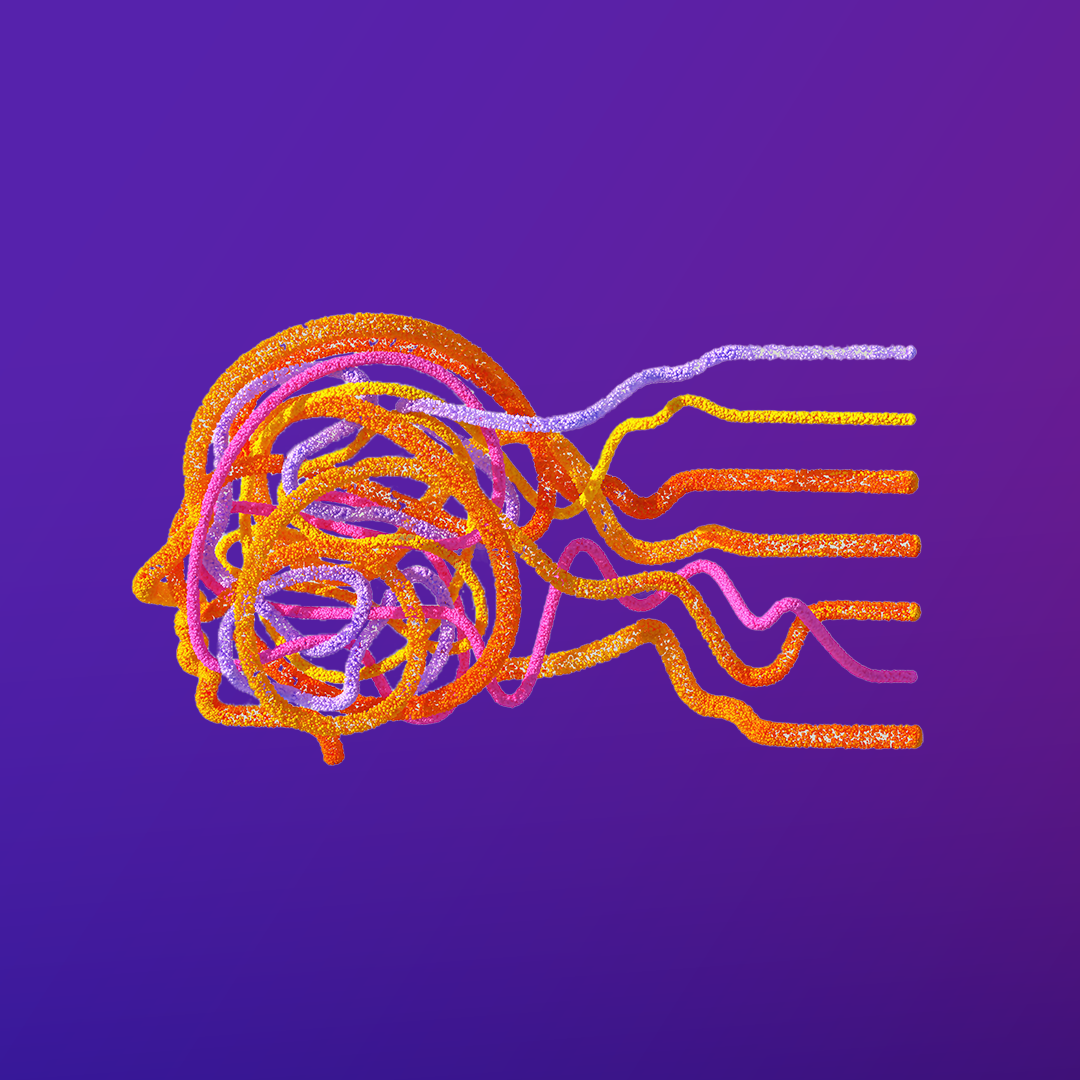 A digital illustration of a head outlined in orange with tangled lines and threads in various colors extending from the head against a gradient purple background. OCIDM,io Branding and Digital marketing Hamilton, Toronto, Oakville, Mississauga