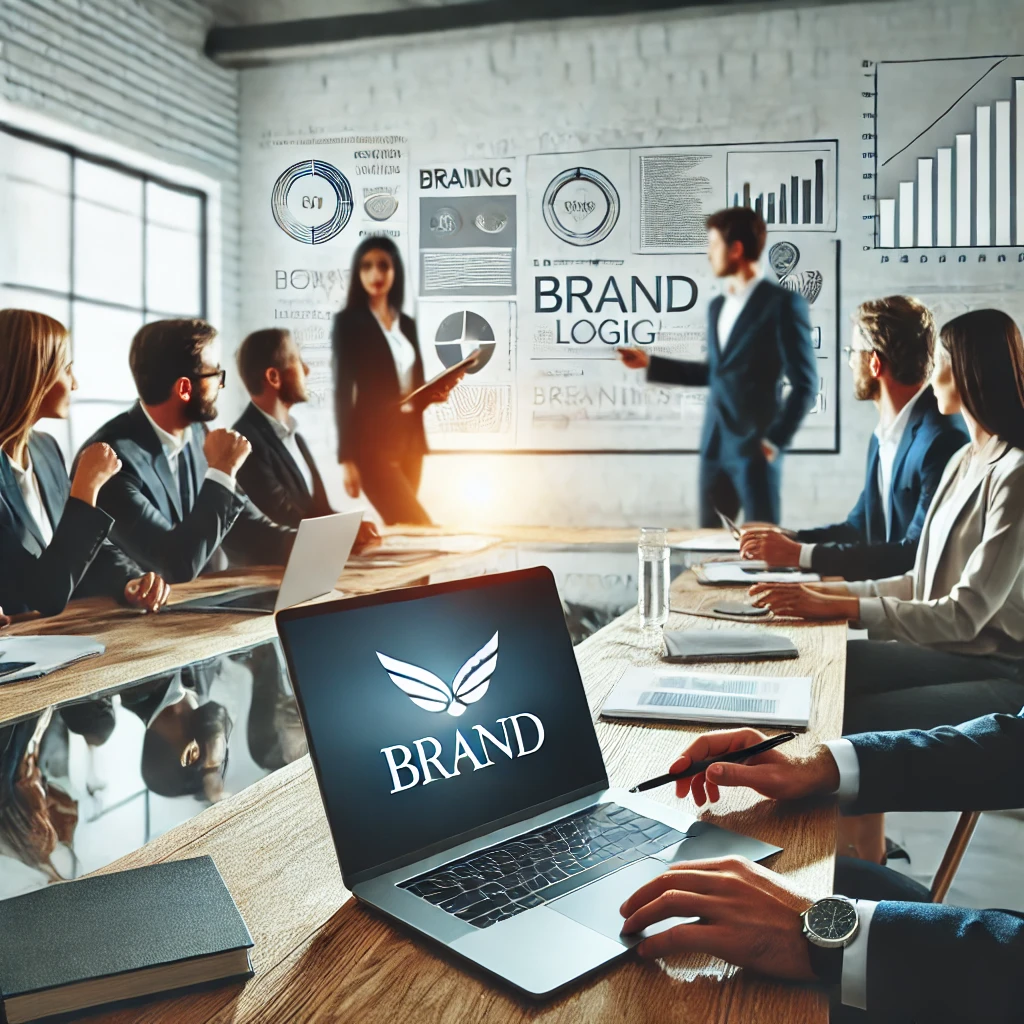 Colleagues in a modern conference room engage in a meeting focused on developing a strong brand identity for today's market, with laptops open and charts displayed on the screen and walls. OCIDM,io Branding and Digital marketing Hamilton, Toronto, Oakville, Mississauga