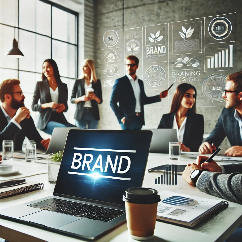 People in business attire are having a meeting in a modern office, with laptops and branding diagrams discussing key elements of effective branding displayed on a screen and wall. OCIDM,io Branding and Digital marketing Hamilton, Toronto, Oakville, Mississauga