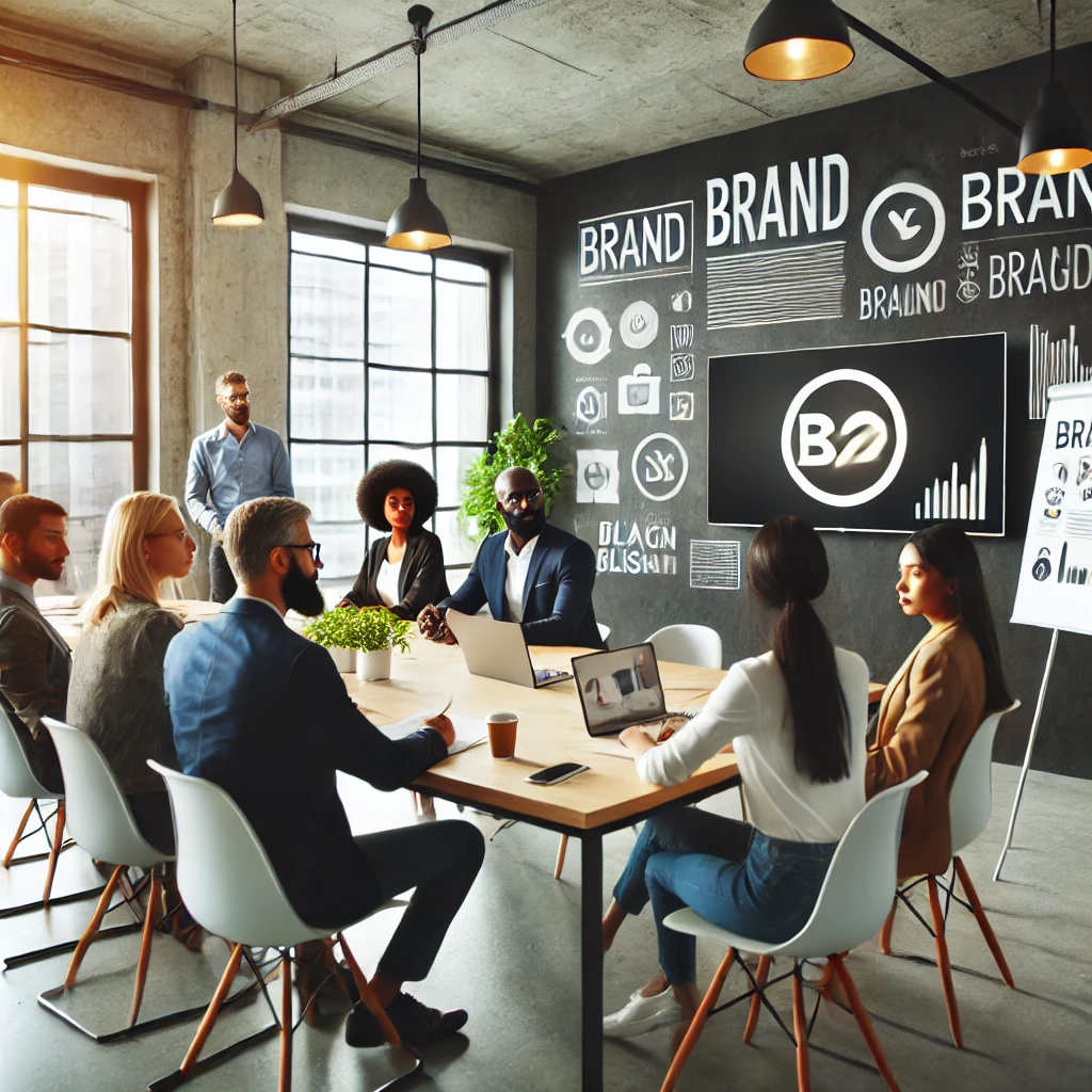 A diverse group of professionals is meeting in a modern conference room with branding charts on the walls. Some are using laptops, while one person stands near a screen discussing the importance of brand consistency with clear marketing graphics. OCIDM,io Branding and Digital marketing Hamilton, Toronto, Oakville, Mississauga