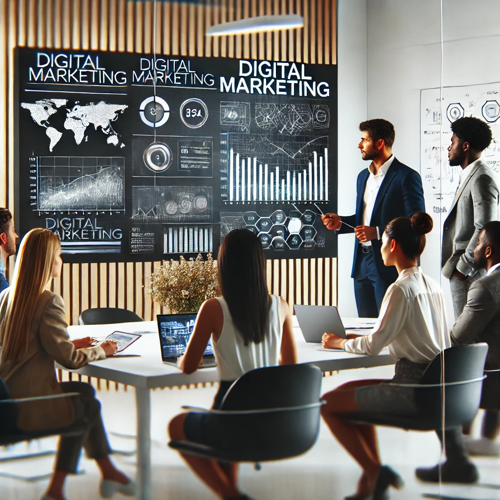 A team of six professionals is in a meeting room analyzing digital marketing data displayed on a large screen with charts, graphs, and maps. One person is presenting, while others are seated and listening attentively, focusing on strategies for business growth. OCIDM,io Branding and Digital marketing Hamilton, Toronto, Oakville, Mississauga