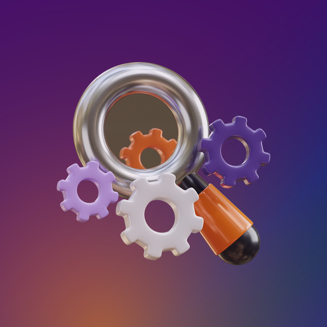 A 3D illustration of a magnifying glass with silver rim, white handle, and three colored gears—orange, white, and purple—against a gradient purple and orange background. OCIDM,io Branding and Digital marketing Hamilton, Toronto, Oakville, Mississauga