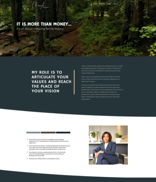 Screenshot of a financial advisory website with a nature background, text about creating a family legacy, and a professional woman in a suit offering advisory services. OCIDM,io Branding and Digital marketing Hamilton, Toronto, Oakville, Mississauga