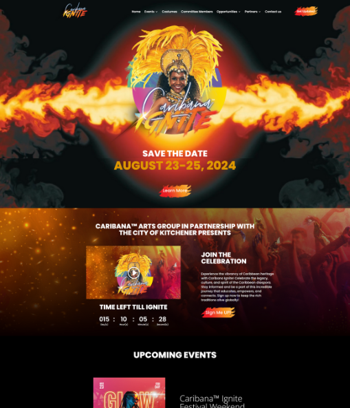 A promotional webpage for Caribana Ignite 2024, displaying event dates (August 23-25), a countdown timer, and partnership details with the City of Kitchener. The background features vibrant, colorful imagery. OCIDM,io Branding and Digital marketing Hamilton, Toronto, Oakville, Mississauga