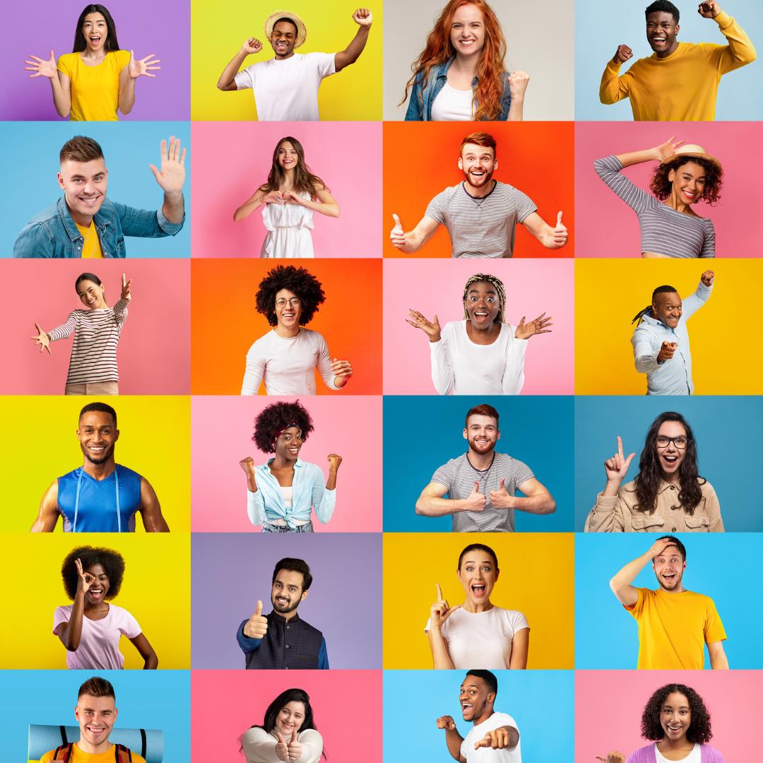 Collage of diverse individuals expressing various emotions against colorful backgrounds, including excitement, joy, surprise, and confidence. OCIDM,io Branding and Digital marketing Hamilton, Toronto, Oakville, Mississauga