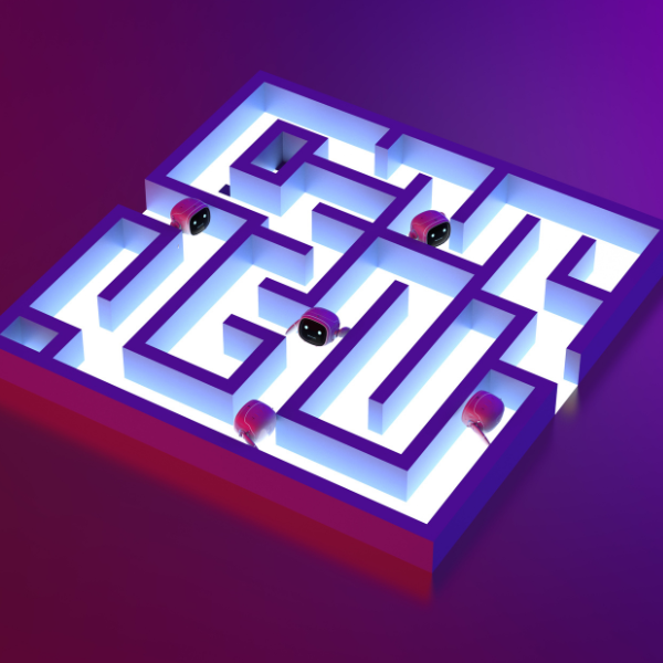 A brightly lit 3D maze with rounded robots navigating through its paths, set against a purple and magenta gradient background. OCIDM,io Branding and Digital marketing Hamilton, Toronto, Oakville, Mississauga