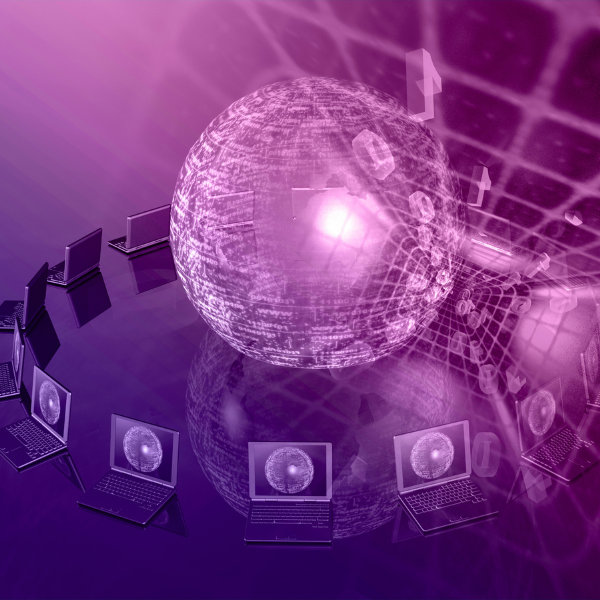 A digital illustration featuring a glowing sphere in the center, surrounded by a circle of open laptops. The backdrop is themed in various shades of purple with network graphics. OCIDM,io Branding and Digital marketing Hamilton, Toronto, Oakville, Mississauga