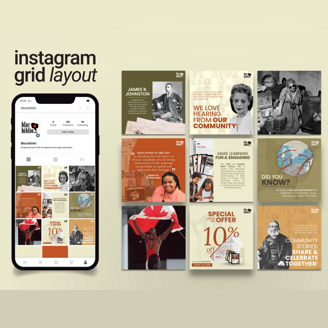 A smartphone screen shows an Instagram grid layout by @blkxblibio, featuring eight image posts promoting education, community engagement, and special offers. OCIDM,io Branding and Digital marketing Hamilton, Toronto, Oakville, Mississauga