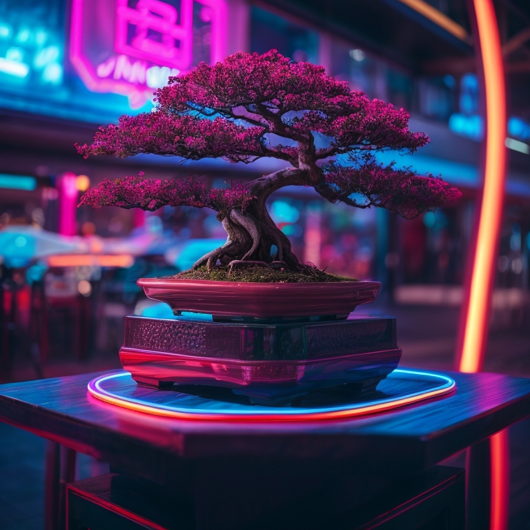 A bonsai tree with vibrant magenta foliage is placed on a pedestal, surrounded by a circular neon light in a bustling, colorful urban setting. OCIDM,io Branding and Digital marketing Hamilton, Toronto, Oakville, Mississauga