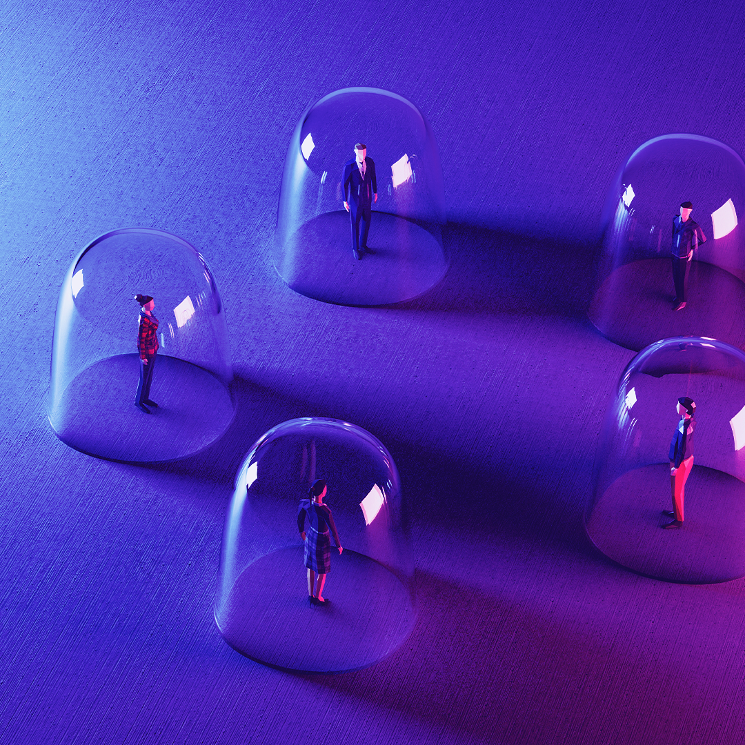 Five miniature human figures stand enclosed in separate glass domes on a purple surface, each illuminated by purple and blue lighting. OCIDM,io Branding and Digital marketing Hamilton, Toronto, Oakville, Mississauga