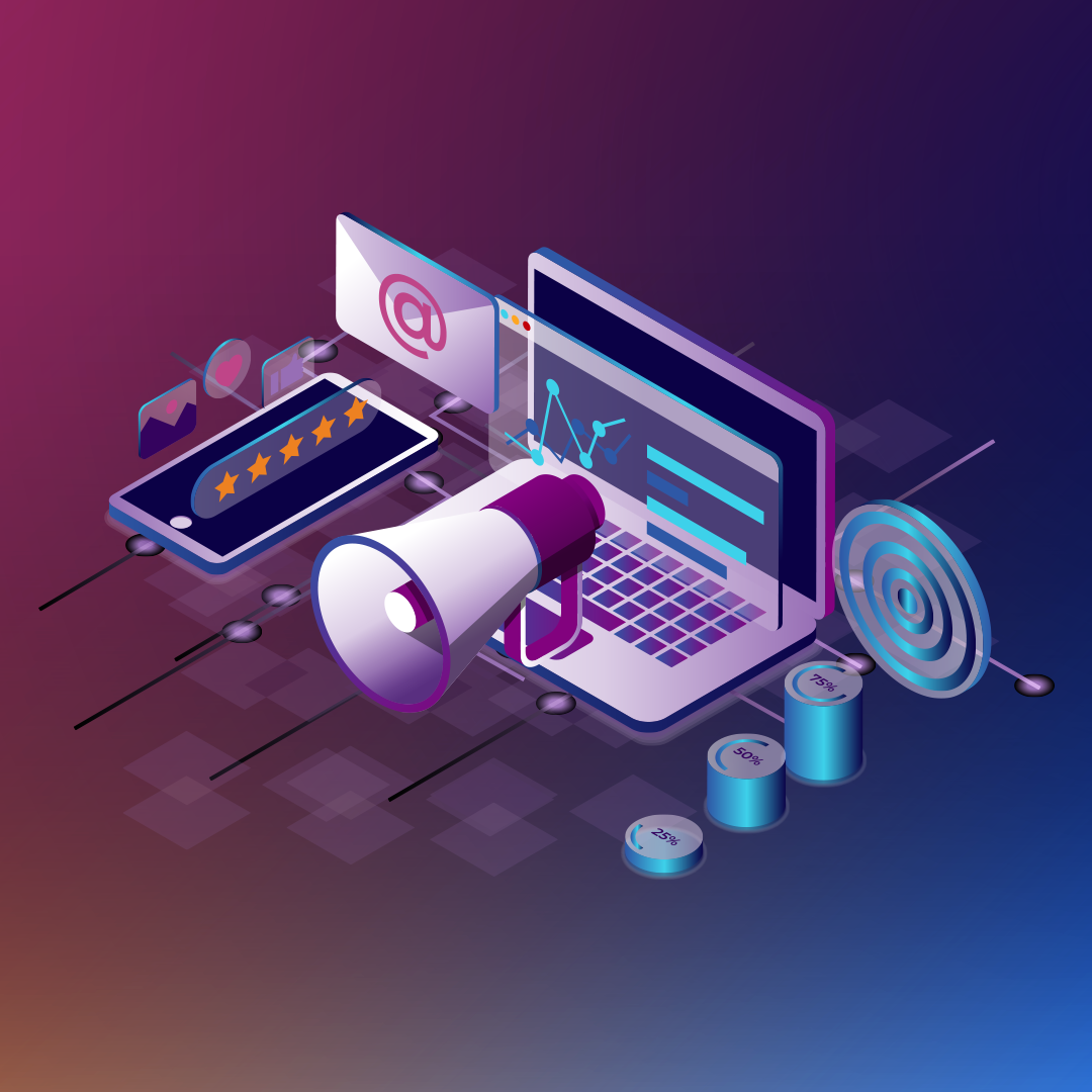 Digital marketing concept showing a laptop with graphs, a smartphone with a review rating, a megaphone, a target, and various icons on a gradient background. OCIDM,io Branding and Digital marketing Hamilton, Toronto, Oakville, Mississauga