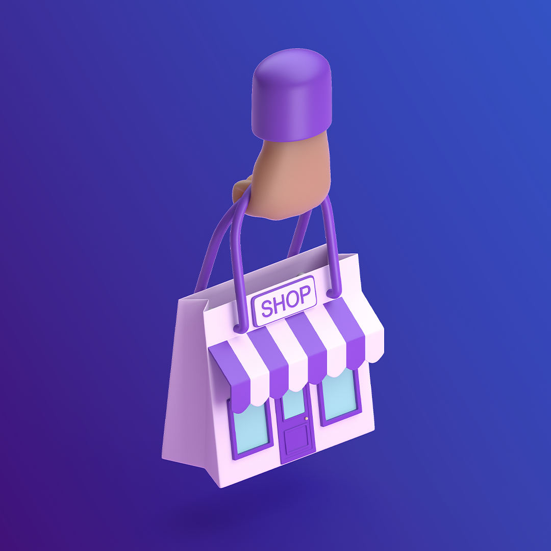 3D illustration of a hand holding a shopping bag shaped like a small store with an awning, windows, door, and a sign that says "SHOP" on a blue gradient background. OCIDM,io Branding and Digital marketing Hamilton, Toronto, Oakville, Mississauga