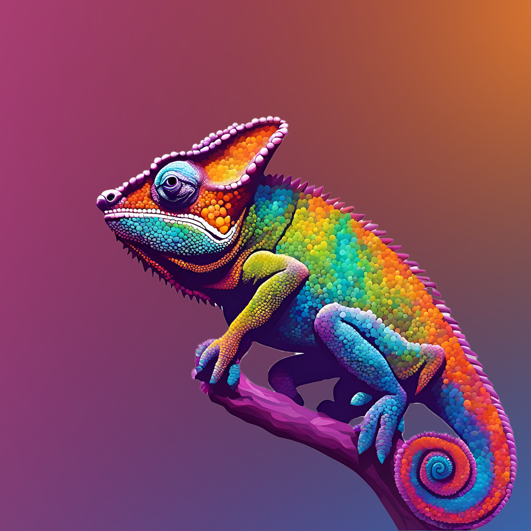 A colorful chameleon with vibrant hues of blue, green, orange, and purple stands on a branch against a gradient background. OCIDM,io Branding and Digital marketing Hamilton, Toronto, Oakville, Mississauga