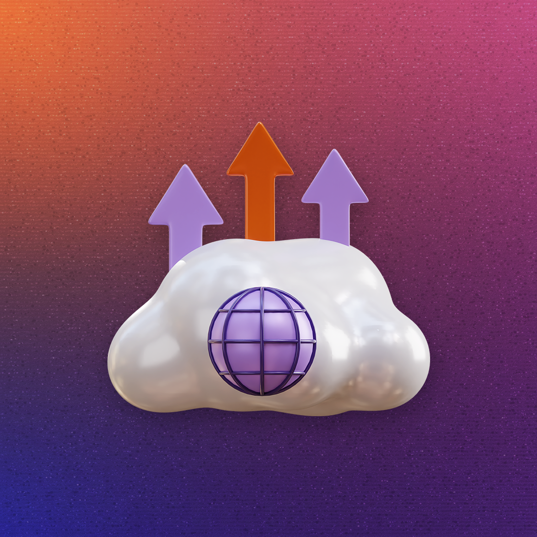 A cloud with a globe symbol and three upward arrows sits against a gradient background, illustrating cloud computing and data transfer. OCIDM,io Branding and Digital marketing Hamilton, Toronto, Oakville, Mississauga