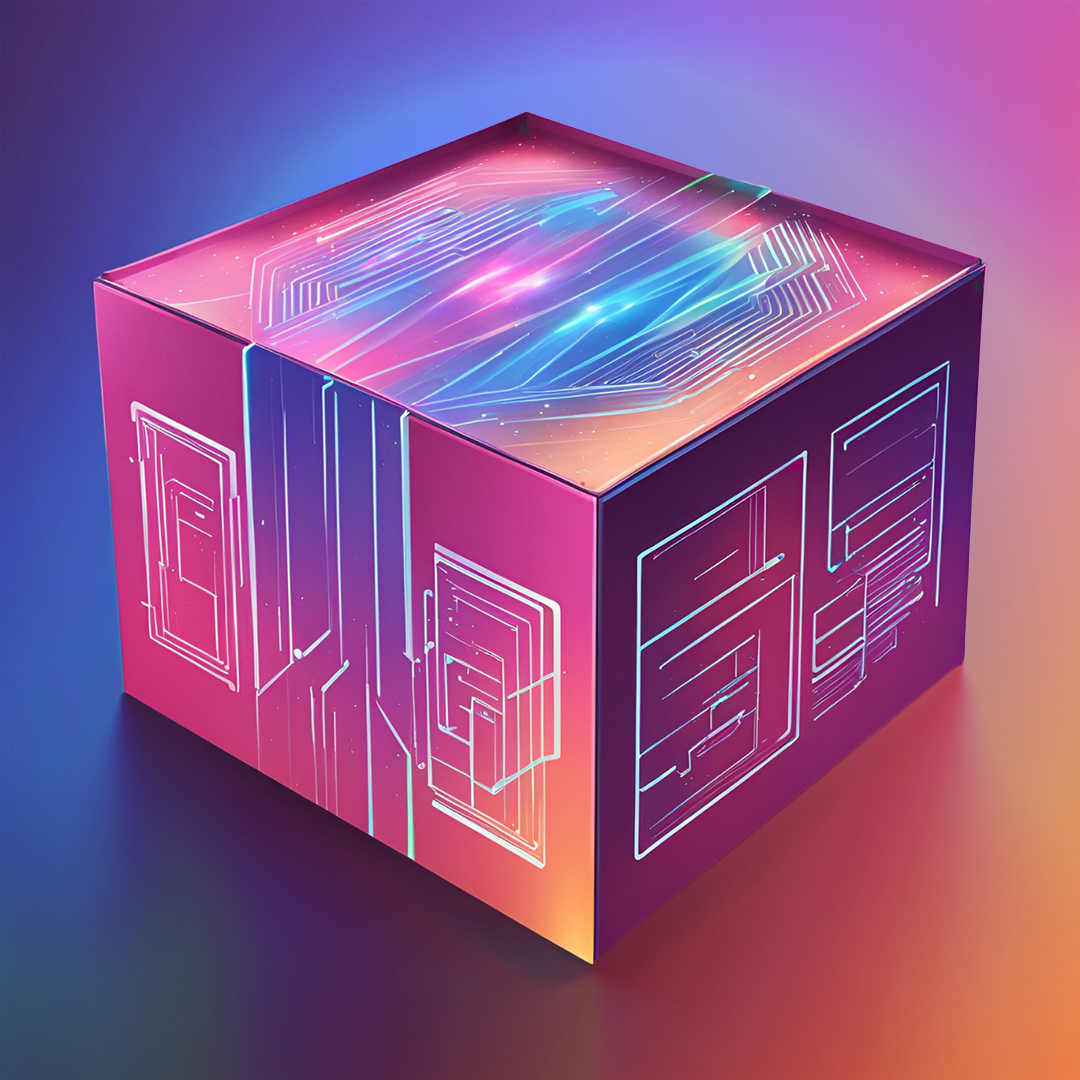 A vibrant, futuristic cubic object with holographic patterns and glowing lines set against a multicolored gradient background. OCIDM,io Branding and Digital marketing Hamilton, Toronto, Oakville, Mississauga