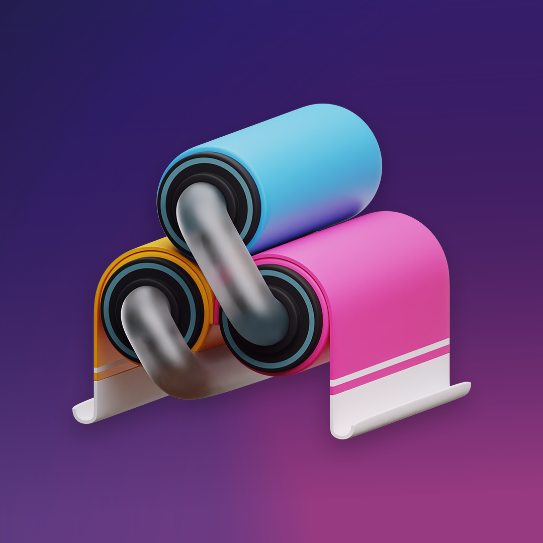 A colorful digital illustration of two rolls of paper, blue and pink, connected by a metallic pipe against a gradient blue and purple background. OCIDM,io Branding and Digital marketing Hamilton, Toronto, Oakville, Mississauga