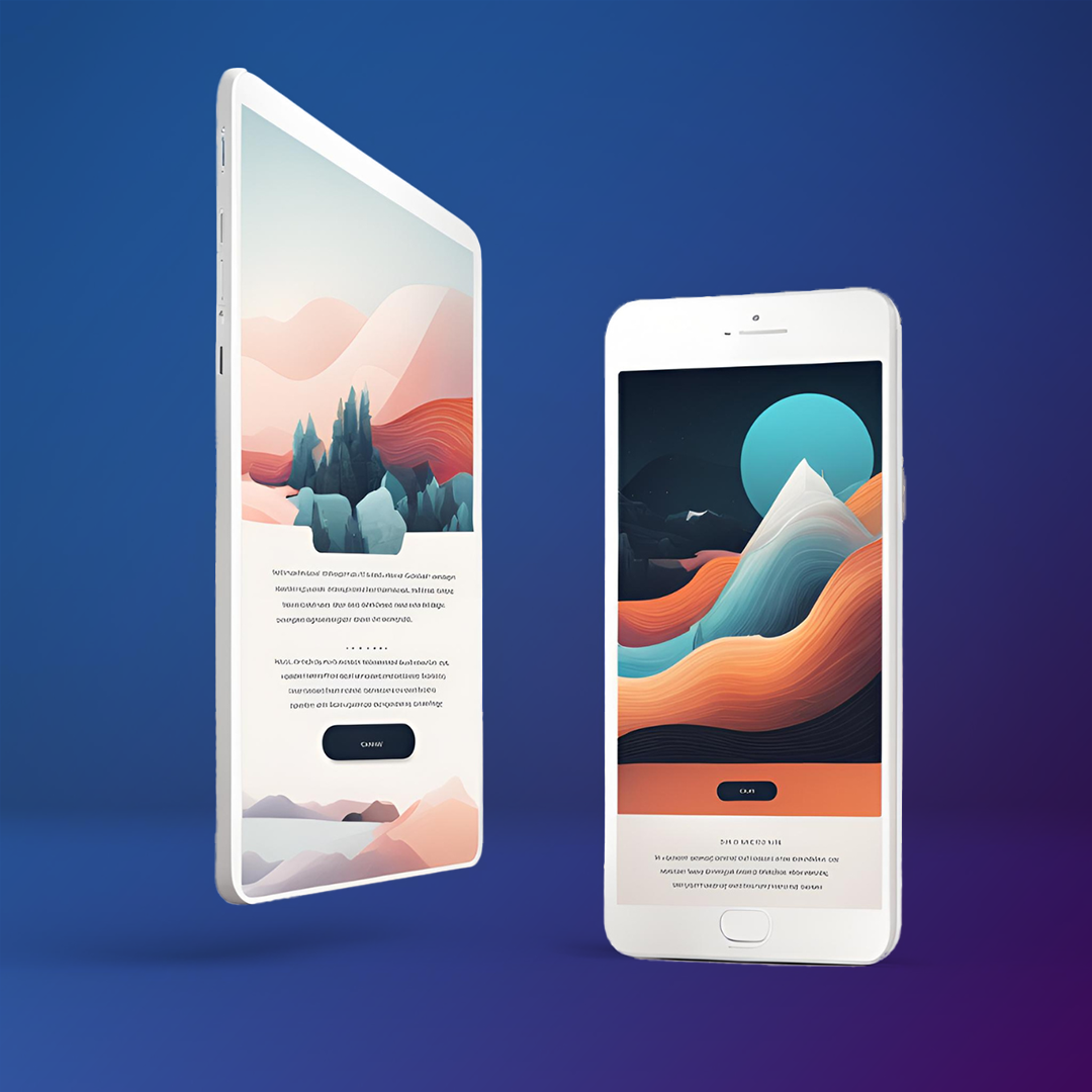 Two smartphones with abstract landscape designs on their screens are displayed against a blue gradient background. The left phone shows a colorful scenery with trees, while the right phone features a mountainous sunset. OCIDM,io Branding and Digital marketing Hamilton, Toronto, Oakville, Mississauga