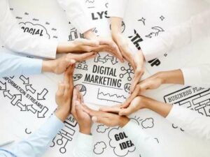 Hands forming a circle around a digital marketing concept diagram with words like "social," "plan," and "ideas" visible, illustrating strategies for dentists to grow your practice. OCIDM,io Branding and Digital marketing Hamilton, Toronto, Oakville, Mississauga