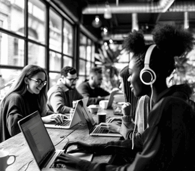 People working on laptops and tablets at a communal table in a cafe, wearing casual clothing and headphones. Black and white image. OCIDM,io Branding and Digital marketing Hamilton, Toronto, Oakville, Mississauga