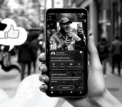 Person holding a smartphone with a black and white photo of a man energetically speaking. Social media notifications visible on the screen. Thumbs-up symbol in the background. OCIDM,io Branding and Digital marketing Hamilton, Toronto, Oakville, Mississauga