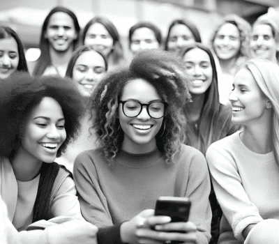 A group of people, mostly women, smiling while looking at a phone held by a woman wearing glasses, in an outdoor setting. Black and white image. OCIDM,io Branding and Digital marketing Hamilton, Toronto, Oakville, Mississauga