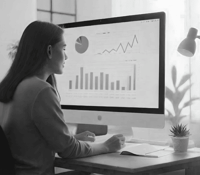 A woman sits at a desk, looking at graphs and charts on a computer screen. A small plant and a notebook are also on the desk. OCIDM,io Branding and Digital marketing Hamilton, Toronto, Oakville, Mississauga