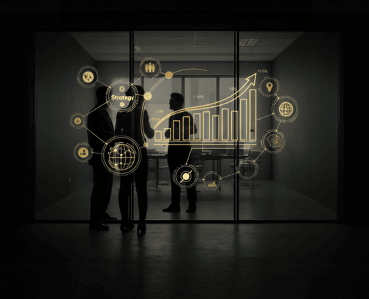 Silhouetted figures stand in a dark room with illuminated graphs and icons projected on glass, depicting strategy and growth themes. OCIDM,io Branding and Digital marketing Hamilton, Toronto, Oakville, Mississauga