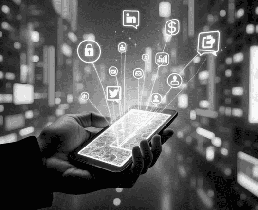 Hand holding a smartphone with glowing social media and communication icons projected above it, set against a blurred urban background in black and white. OCIDM,io Branding and Digital marketing Hamilton, Toronto, Oakville, Mississauga