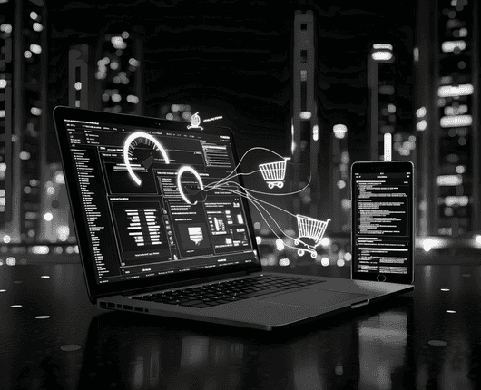 A laptop and smartphone display data and code on their screens. Shopping cart icons and progress indicators float between the two devices, with a cityscape in the blurred background. OCIDM,io Branding and Digital marketing Hamilton, Toronto, Oakville, Mississauga
