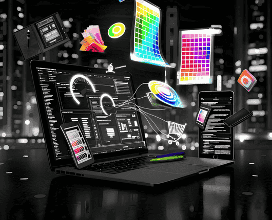 A laptop and smartphone with colorful digital design tools and color palettes floating above them in a night cityscape setting. OCIDM,io Branding and Digital marketing Hamilton, Toronto, Oakville, Mississauga