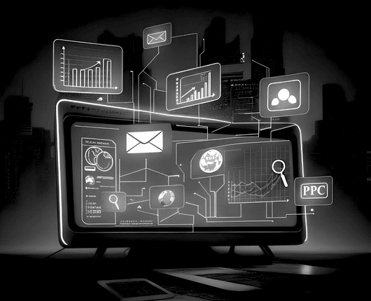 A futuristic digital display featuring graphs, charts, and email icons, symbolizing data analysis and communication, with a cityscape background. OCIDM,io Branding and Digital marketing Hamilton, Toronto, Oakville, Mississauga