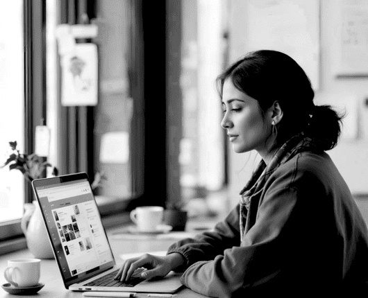 A woman sits at a table using a laptop, with a blurred background showing cups and a window. OCIDM,io Branding and Digital marketing Hamilton, Toronto, Oakville, Mississauga