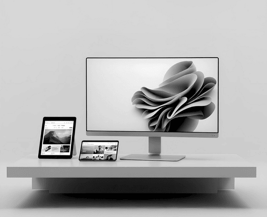 A modern desk setup with a monitor displaying a 3D abstract shape, flanked by a tablet and a smartphone showing webpages, all in a minimalist environment. OCIDM,io Branding and Digital marketing Hamilton, Toronto, Oakville, Mississauga