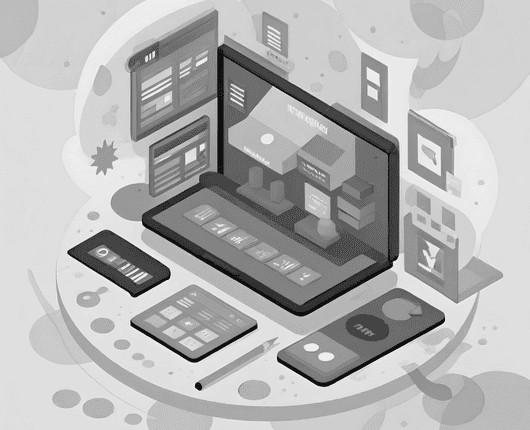 Isometric illustration of various digital devices, including a laptop, smartphone, and tablet, displaying charts and user interfaces, symbolizing digital collaboration and technology. OCIDM,io Branding and Digital marketing Hamilton, Toronto, Oakville, Mississauga