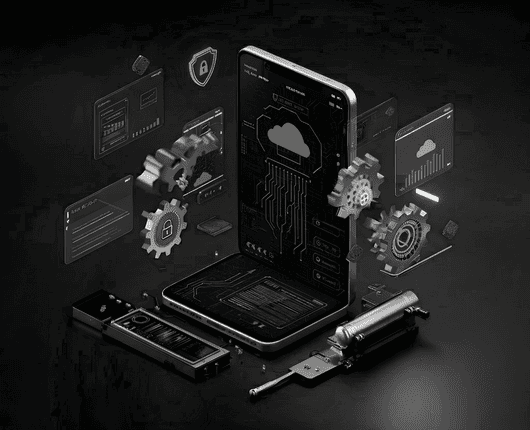 Futuristic digital display showing a smartphone surrounded by holographic gears, circuit diagrams, and cloud icons on a dark background. OCIDM,io Branding and Digital marketing Hamilton, Toronto, Oakville, Mississauga