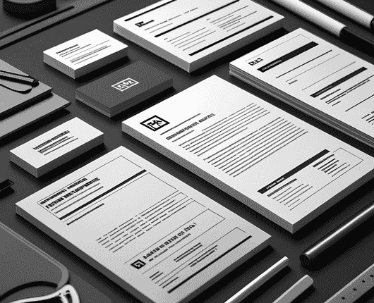 Monochrome stationery set including business cards, letterheads, and envelopes arranged neatly on a dark surface. OCIDM,io Branding and Digital marketing Hamilton, Toronto, Oakville, Mississauga