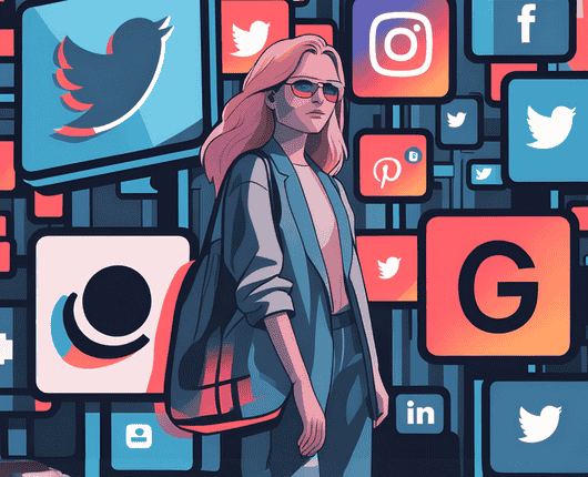 Illustration of a person in sunglasses surrounded by various social media icons, including Twitter, Instagram, and LinkedIn, symbolizing a digital landscape. OCIDM,io Branding and Digital marketing Hamilton, Toronto, Oakville, Mississauga