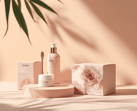 Skincare products displayed on wooden platforms with floral packaging. A pump bottle, a jar, and a brush are arranged under soft lighting. Shadows of leaves appear on a peach-colored backdrop. OCIDM,io Branding and Digital marketing Hamilton, Toronto, Oakville, Mississauga