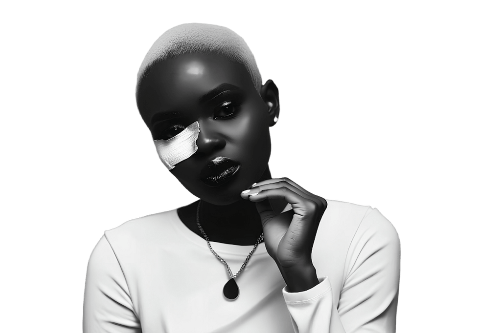 A person with a shaved head and a patch over one eye poses against a plain background, wearing a white top and necklace. OCIDM,io Branding and Digital marketing Hamilton, Toronto, Oakville, Mississauga