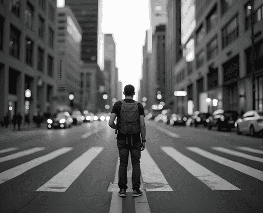 A person with a backpack stands in the middle of a city street, facing away, with buildings and cars lining both sides. The scene is in black and white. OCIDM,io Branding and Digital marketing Hamilton, Toronto, Oakville, Mississauga