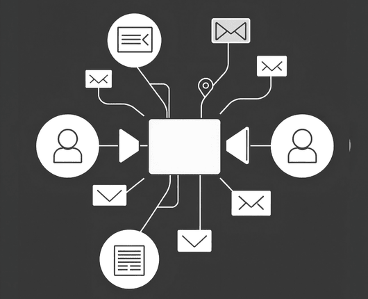 Diagram illustrating a network of icons connected to a central rectangle, showing communication concepts like emails, messages, and user profiles on a dark background. OCIDM,io Branding and Digital marketing Hamilton, Toronto, Oakville, Mississauga