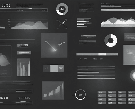 A digital dashboard displays various charts and graphs, including pie, bar, and line graphs, on a dark background. OCIDM,io Branding and Digital marketing Hamilton, Toronto, Oakville, Mississauga