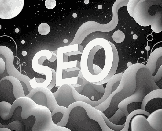 The image depicts the letters "SEO" in three-dimensional text against a surreal, grayscale background of abstract shapes and planets. OCIDM,io Branding and Digital marketing Hamilton, Toronto, Oakville, Mississauga