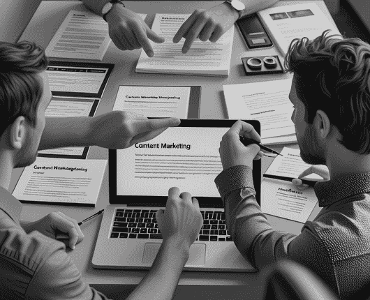 Two people at a table reviewing content marketing documents on a laptop, surrounded by papers and a camera. Hands point at the screen, indicating discussion or analysis. OCIDM,io Branding and Digital marketing Hamilton, Toronto, Oakville, Mississauga